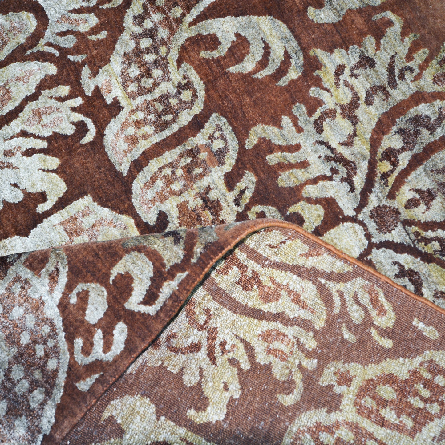 Crown Damask Rust, Gold and Brown Transitional Handknotted 7.9x10.0Ft 235x305Cms Area Rug