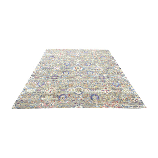 Gery and Ivory Silk and Wool Oxidized Persian Tabriz Transitional Handknotted 8.11x12.2ft 271x371Cms Area Rug