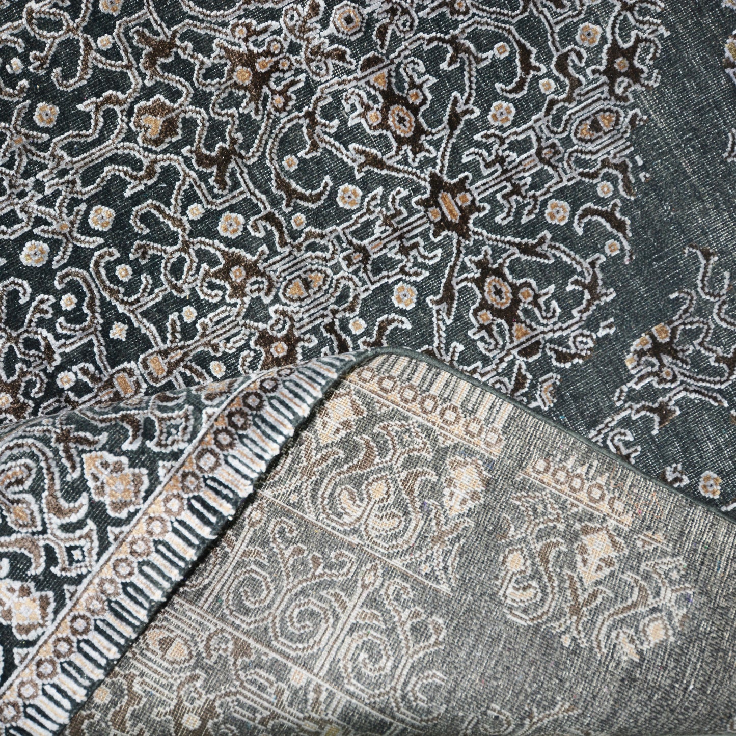 Erased Silver, Black and Brown Transitional Erased Handknotted Area Rug