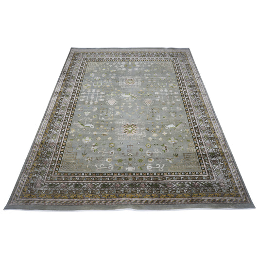Grey and Brown, Silk and Wool Hi-Lo Traditional Handknotted 7.11x10.4Ft 241x314Cms Area Rug