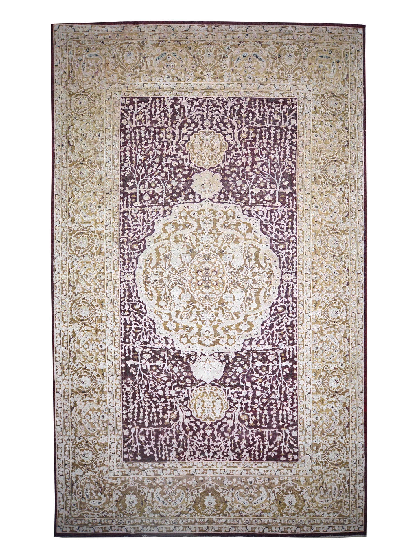 Gold and Maroon, Pure Wool Antique Lamani Handknotted 13.0x21.0Ft 396x640Cms Area Rug