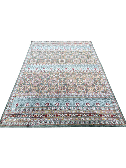 Blue and Green Pure Silk Transitional Geometrical Handknotted 5.11x9.0 Area Rug