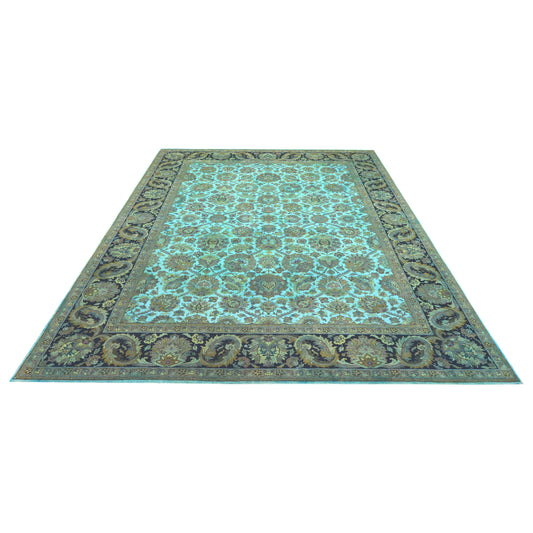 Floral Green, Black and Multy Luxury Traditional Pure Wool Handknotted 9.2x12.5Ft 279x378Cms Area Rug