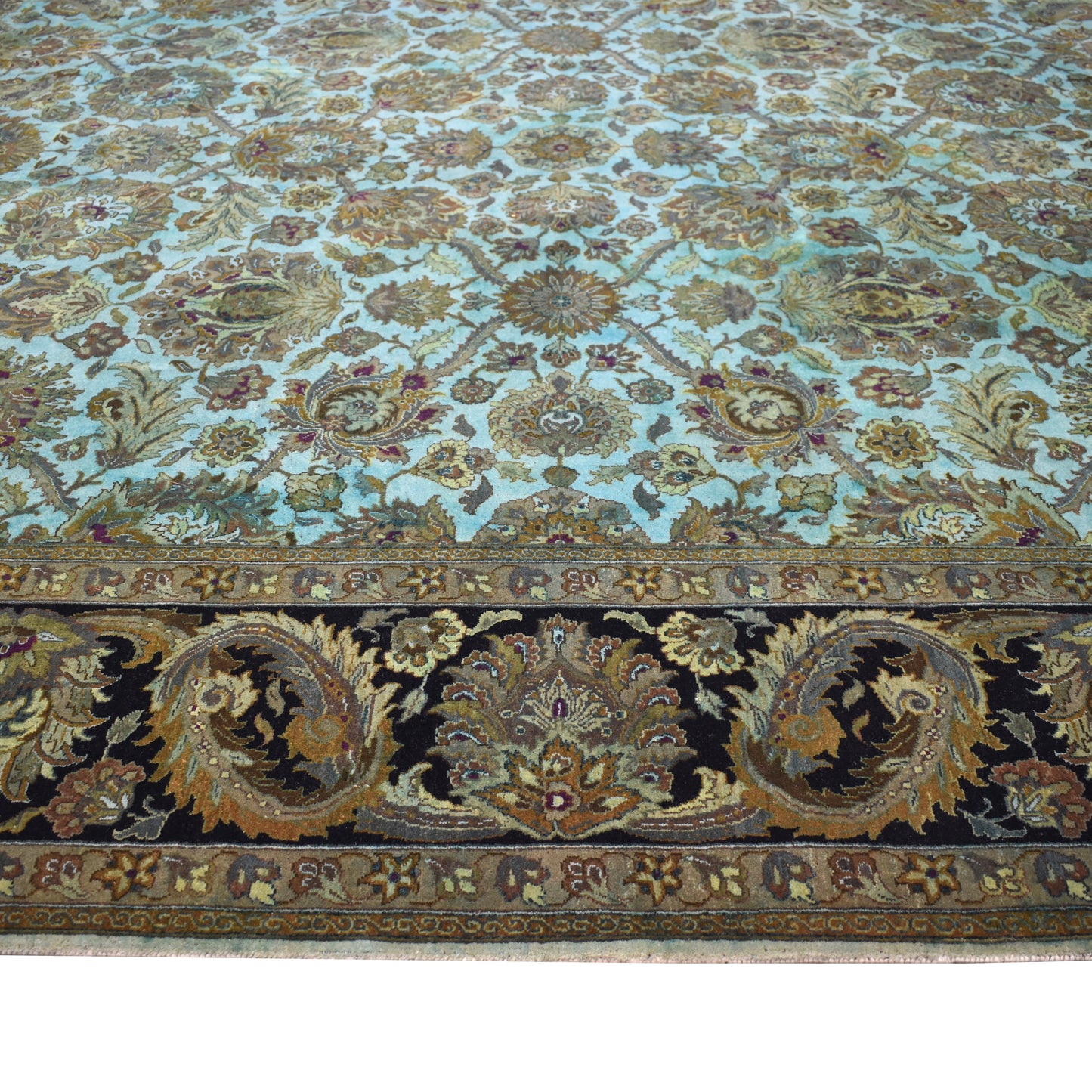 Floral Green, Black and Multy Luxury Traditional Pure Wool Handknotted 9.2x12.5Ft 279x378Cms Area Rug