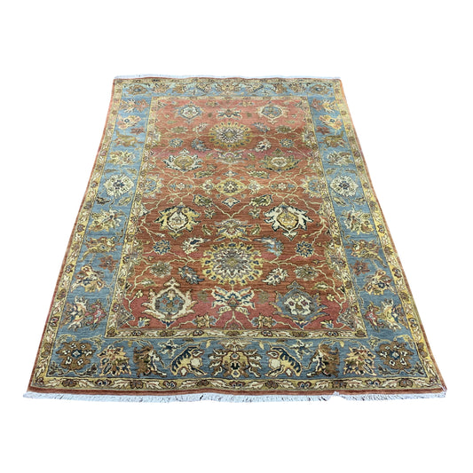 Rust Blue Pure Wool Traditional Luxury Handknotted 3.10x5.7Ft 118x170Cms Area Rug