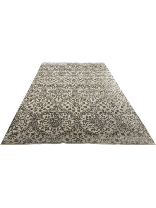 Camel Brown and Silver, Silk and Wool Oxidized Modern Damask Handknotted 6.0x8.11Ft 182x270Cms Area Rug