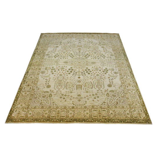 Garden Ivory, Green and Camel Traditional Kashan Pure Wool Luxury Handknotted 7.11x9.8Ft 242x293Cms Area Rug