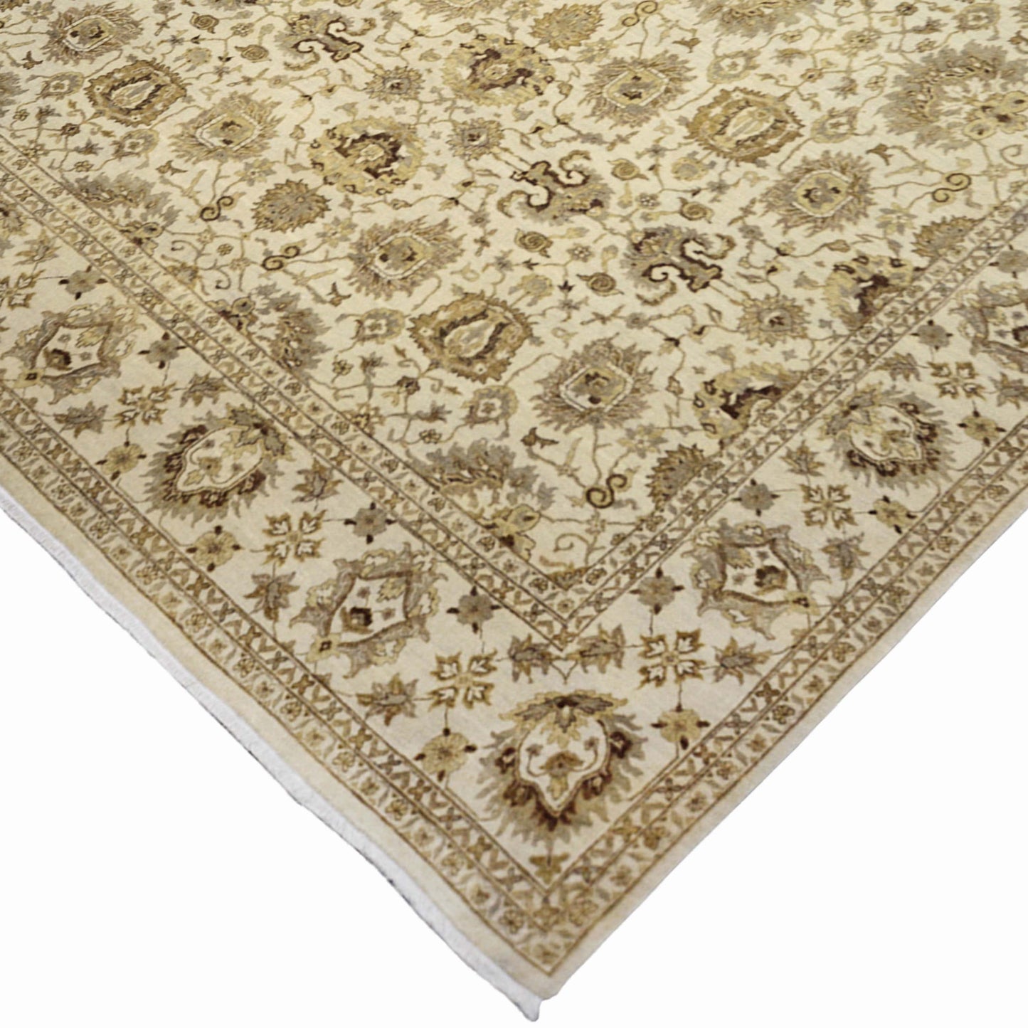 Mughal Beige, Brown and Brown Traditional Ushak Pure Wool Luxury Handknotted Area Rug
