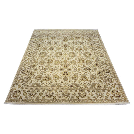 Mughal Beige, Brown and Brown Traditional Ushak Pure Wool Luxury Handknotted 8.0x9.10Ft 244x298Cms Area Rug