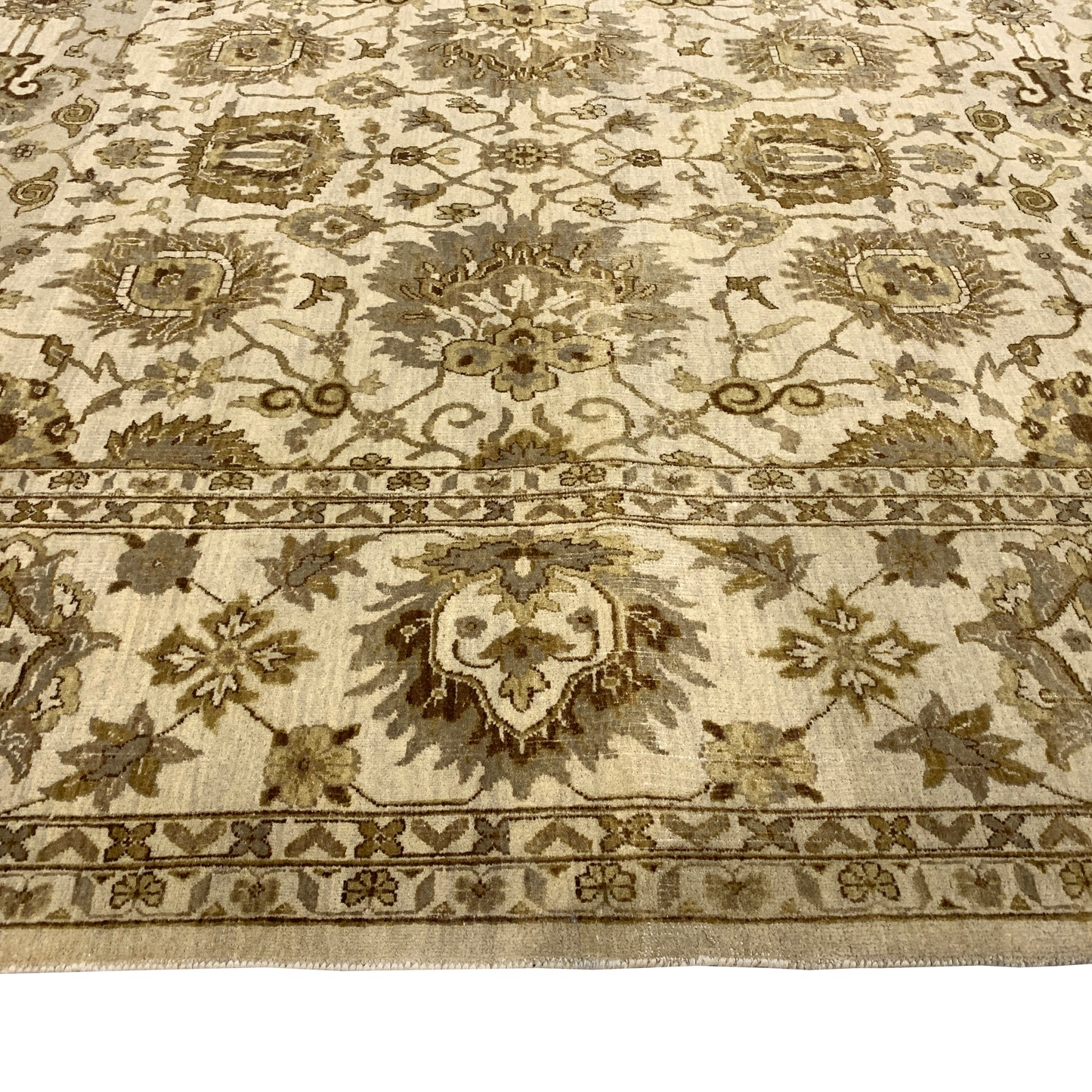 Mughal Beige, Brown and Brown Traditional Ushak Pure Wool Luxury Handknotted Area Rug