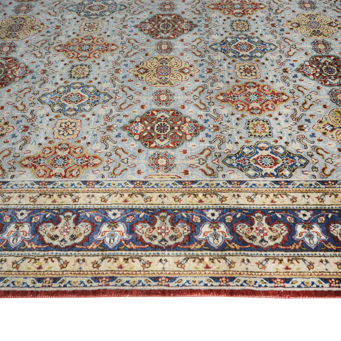 Garden Ivory, Blue and red Traditional Pure Wool Luxury Handknotted 7.11x9.7Ft 242x290Cms Area Rug