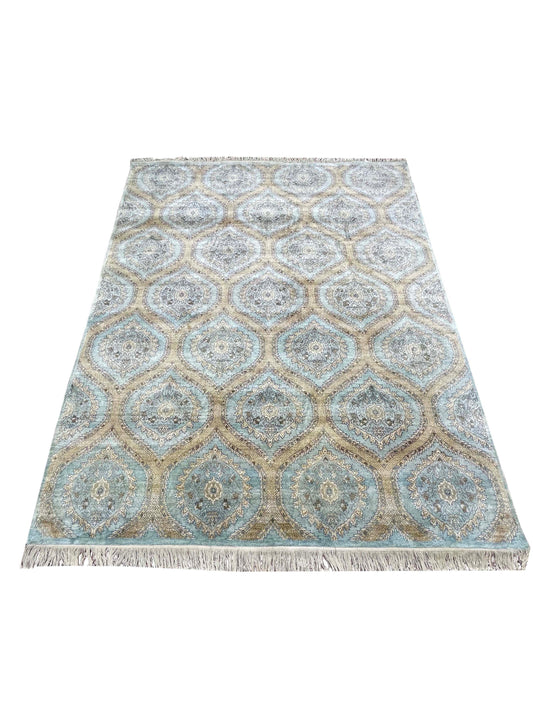 Blue and Camel, Pure Silk Regular Transitional Handknotted 8.0x10.0Ft 244x305Cms Area Rug