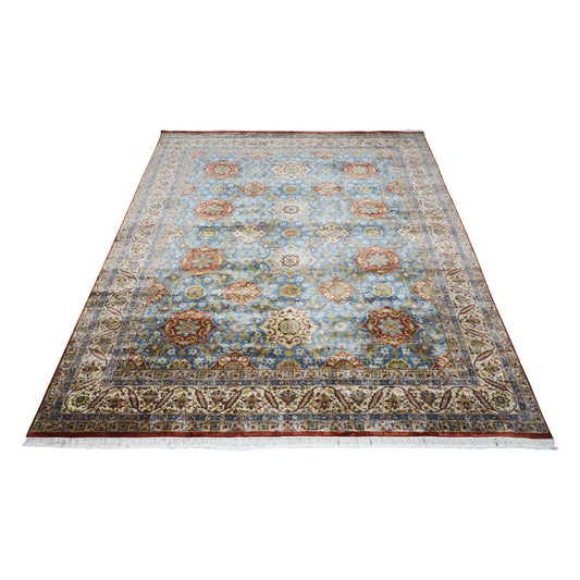 Garden Blue, Ivory and Red Traditional Samarkand Pure Wool Luxury Handknotted 8.0x10.1Ft 244x308Cms Area Rug