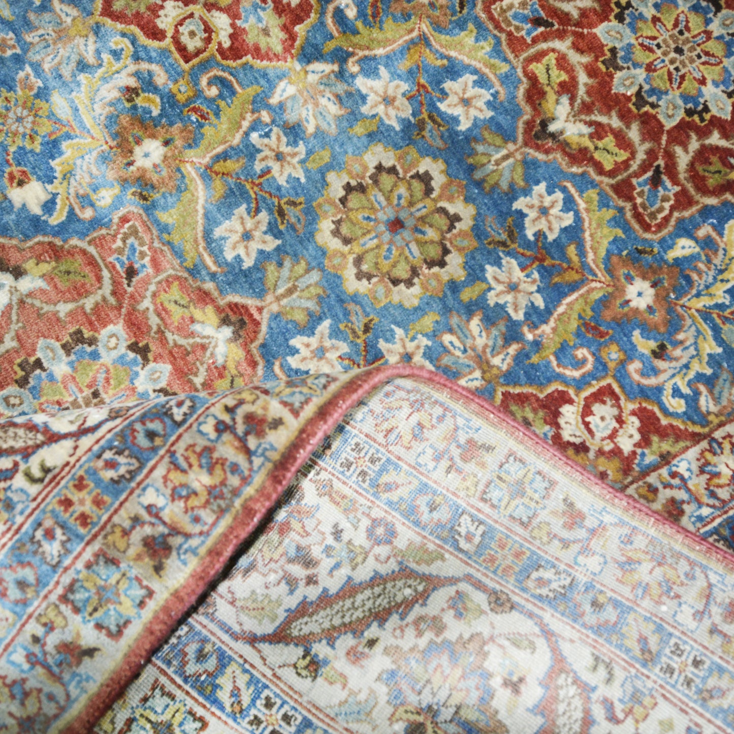 Garden Blue, Ivory and Red Traditional Samarkand Pure Wool Luxury Handknotted 8.0x10.1Ft 244x308Cms Area Rug