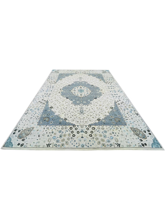 Ivory and Grey, Silk and Wool Hi-Lo Traditional Handknotted 8.0x10.2Ft 244x308Cms Area Rug