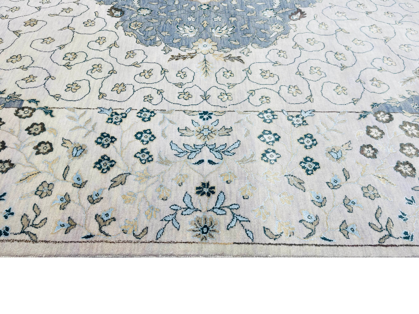 Ivory and Grey, Silk and Wool Hi-Lo Traditional Handknotted 8.0x10.2Ft 244x308Cms Area Rug