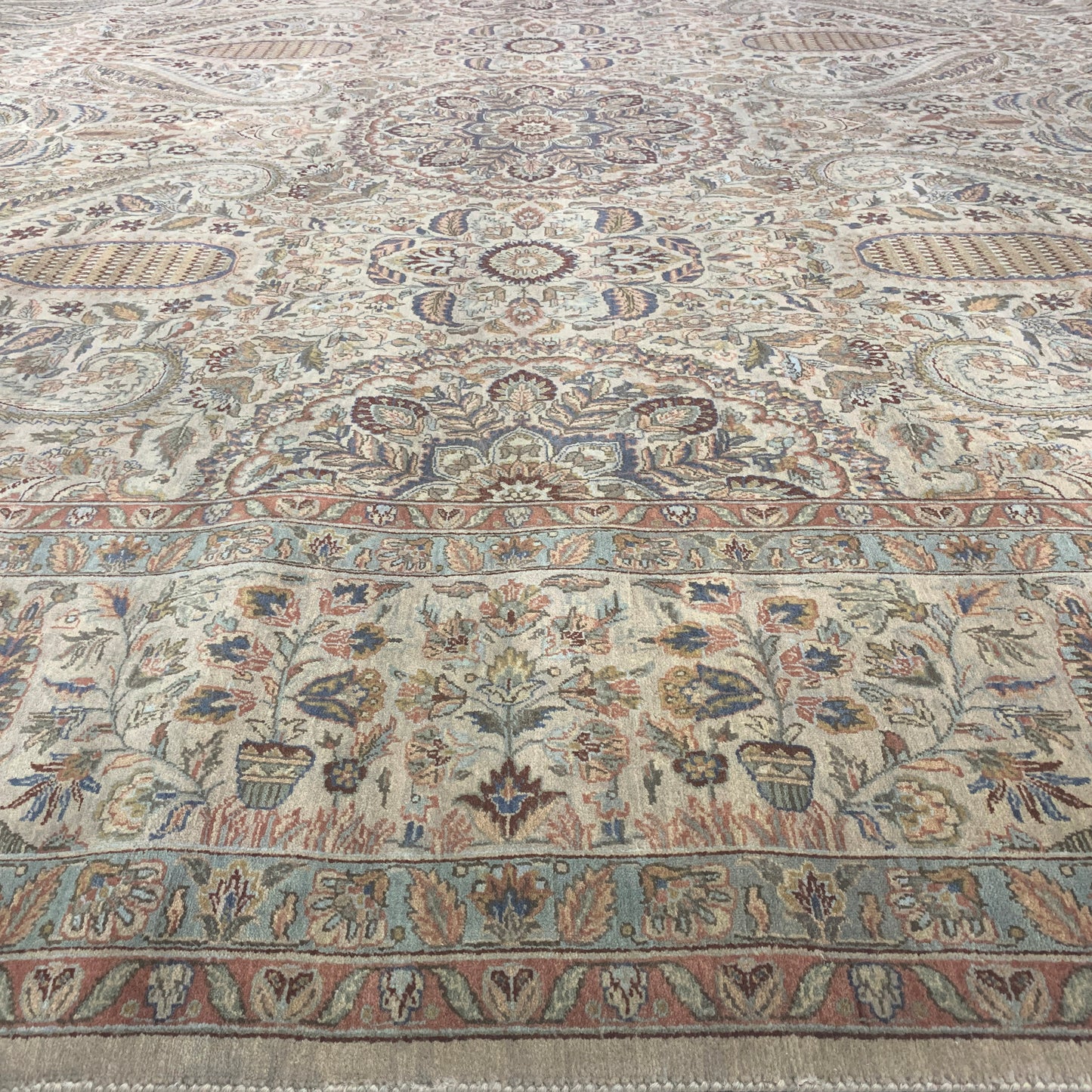 Ivory and Blue, Pure Wool Regular Traditional Handknotted 12.0x15.11Ft 366x486Cms Area Rug