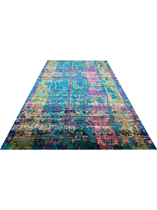 Blue Multy, Pure Sari Silk Transitional Handknotted 7.7x9.8Ft 230x293Cms Area Rug