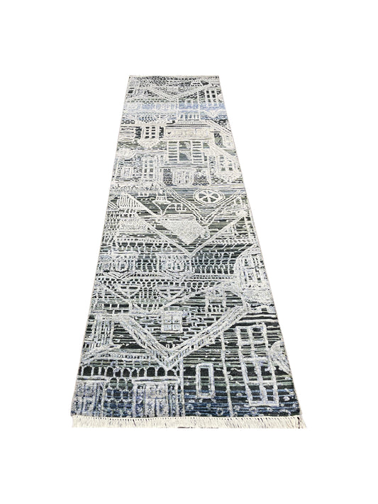 Grey, Silver and Blue Silk and Wool Modern Handknotted 2.7x9.10Ft 78x297Cms Runner Rug