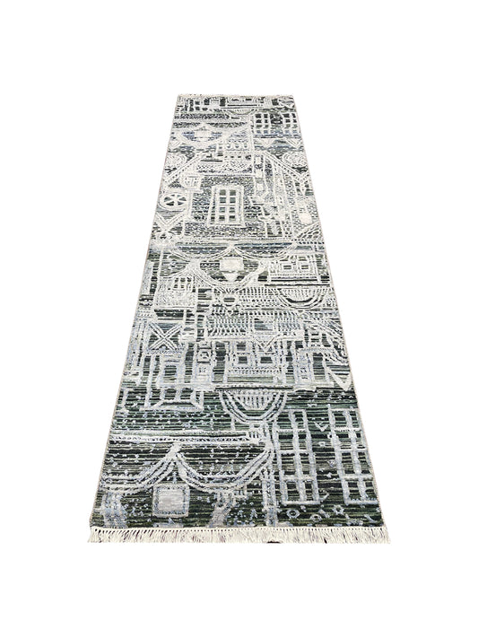 Grey and Silver, Viscose and Wool Oxidized Modern Abstract Handknotted 2.7x9.9Ft 78x296Cms Area Rug