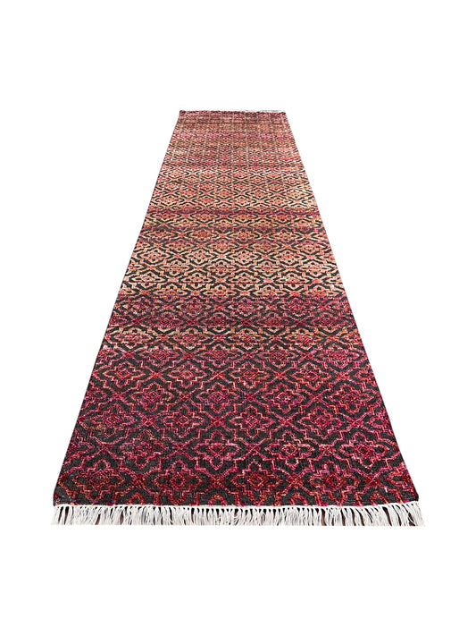 Red and Black, Sari Silk and Wool Oxidized Modern Damask Handknotted 2.10x11.8Ft 86x355Cms Area Rug