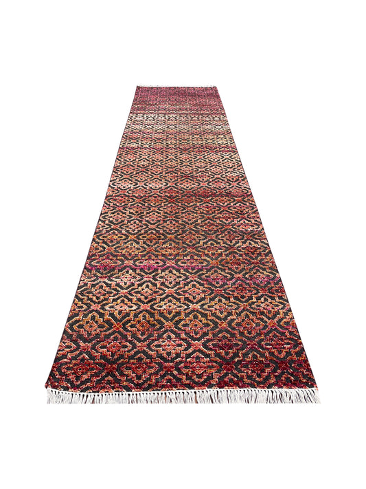 Red and Black, Sari Silk and Wool Oxidized Modern Damask Handknotted 2.10x11.8Ft 85x355Cms Area Rug
