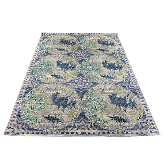 Blue and Multi Silk and Wool Modern Handknotted 4.10x7.4Ft 147x222Cms Area Rug