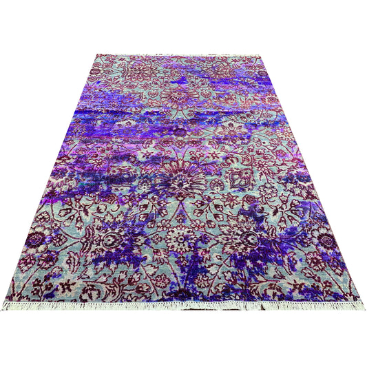 Blue and Grey, Sari Silk and Wool Transitional Handknotted 4.10x6.9Ft 152x213Cms Area Rug
