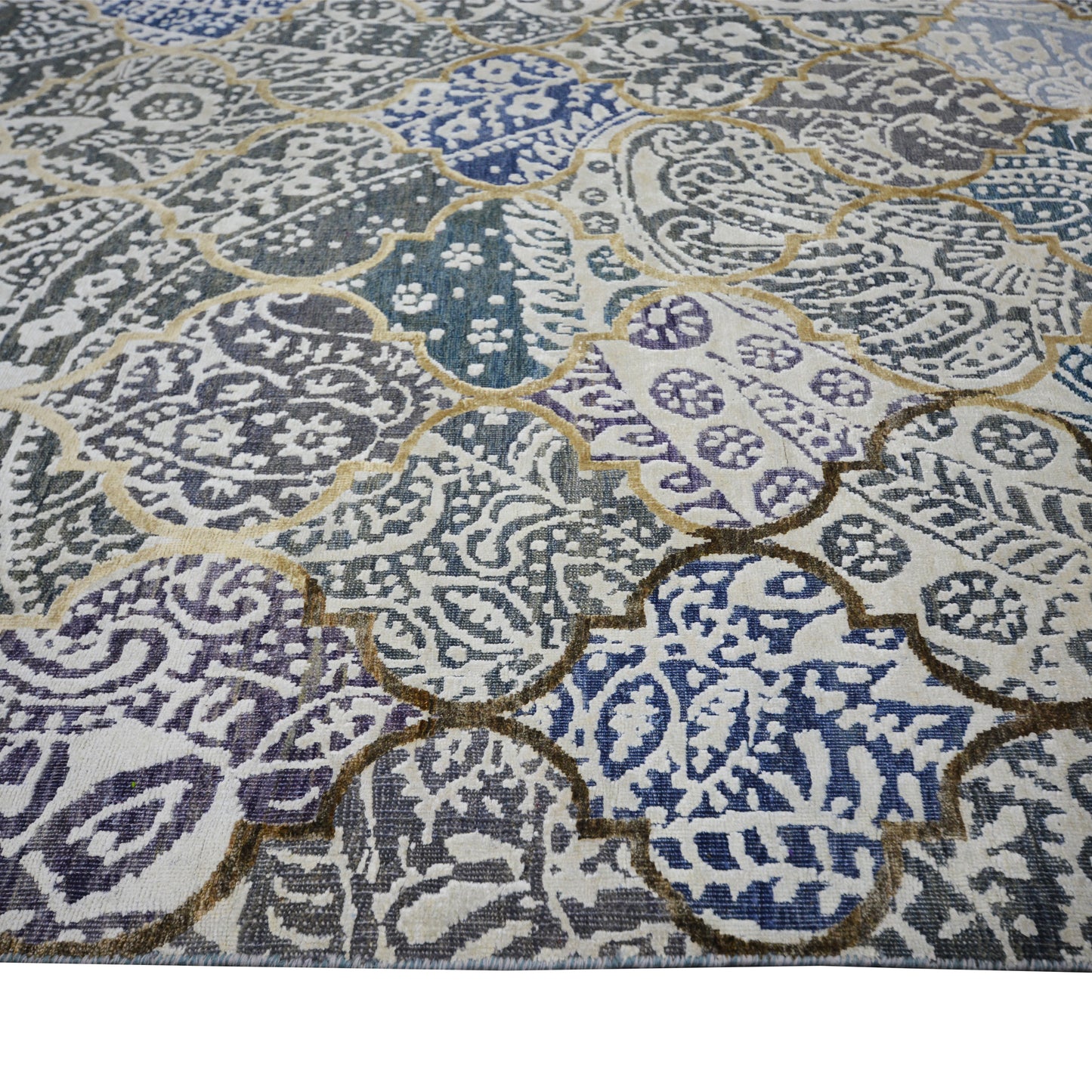 Jule Ivory, Grey, Blue and Green Transitional Silk and Wool Handknotted 7.10x9.9Ft 339x297Cms Area Rug