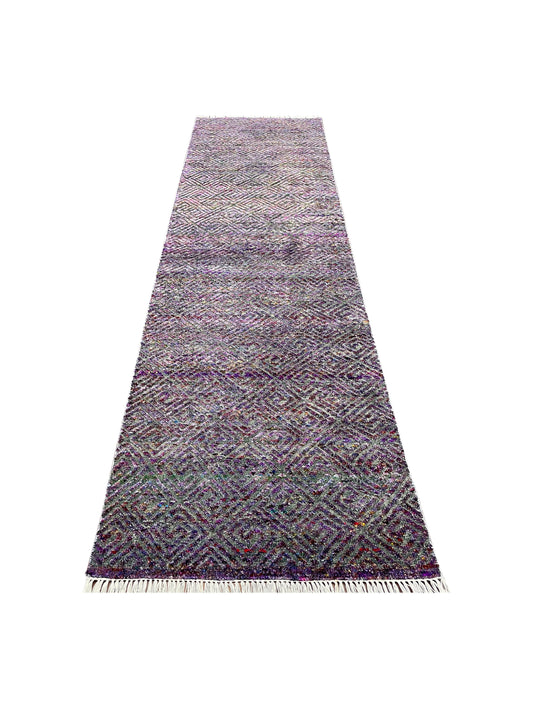 Grey and Purple, Sari Silk and Wool Oxidized Modern Geometrical Handknotted 2.8x9.10Ft 80x298Cms Area Rug