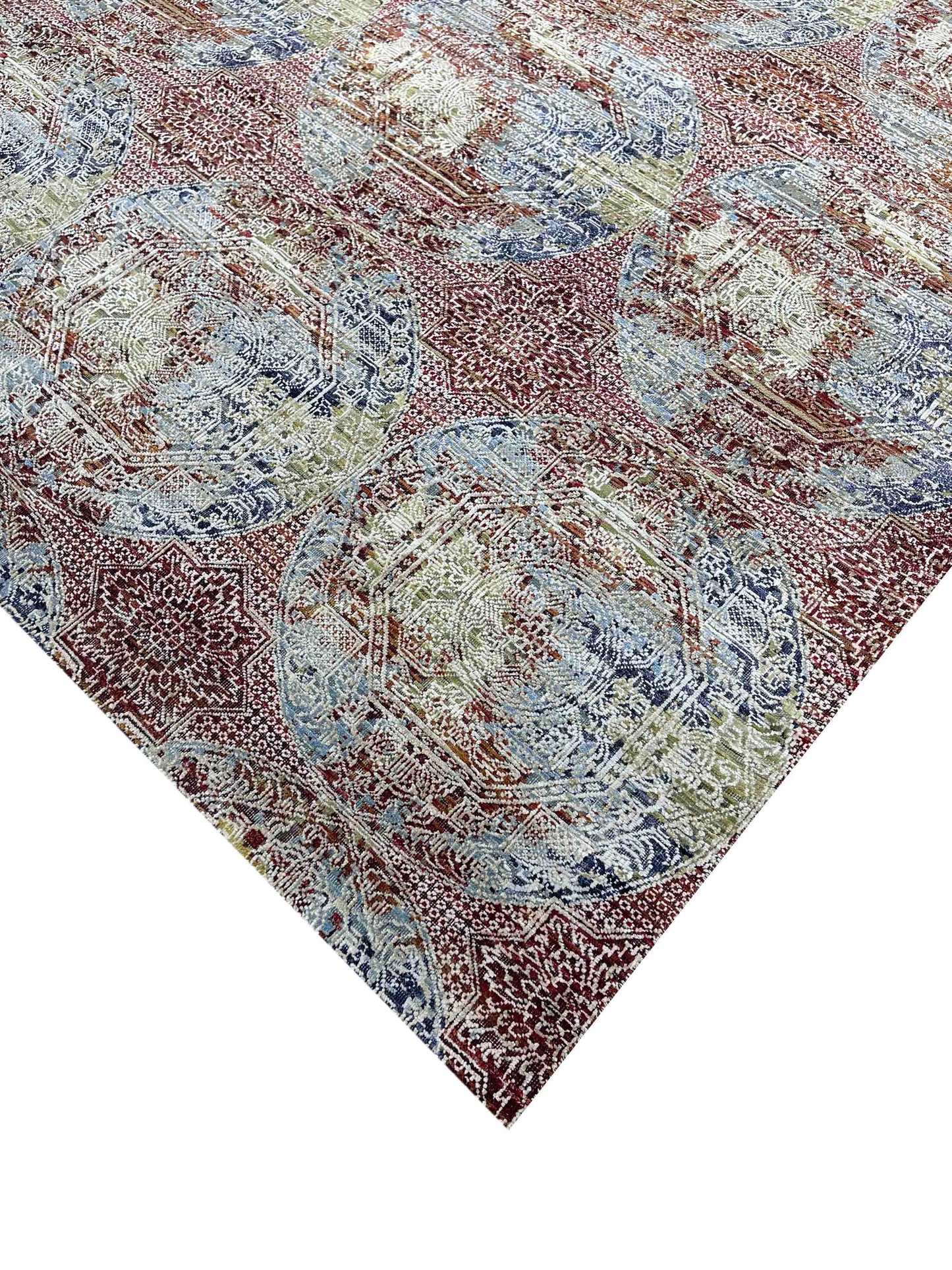 Red Silk and Wool Geometrical Handknotted Area Rug 8.10x11.9ft 269x357Cms