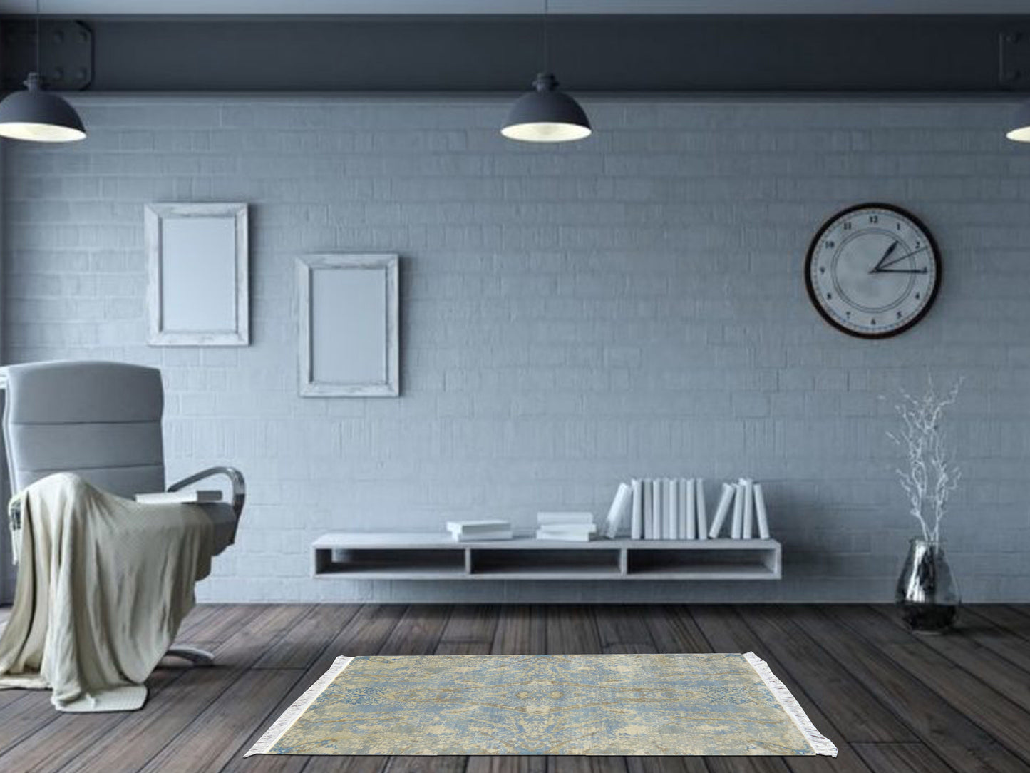 Grey and Blue, Silk and Wool Regular Modern Handknotted 3.0x4.11Ft 92x150Cms Area Rug