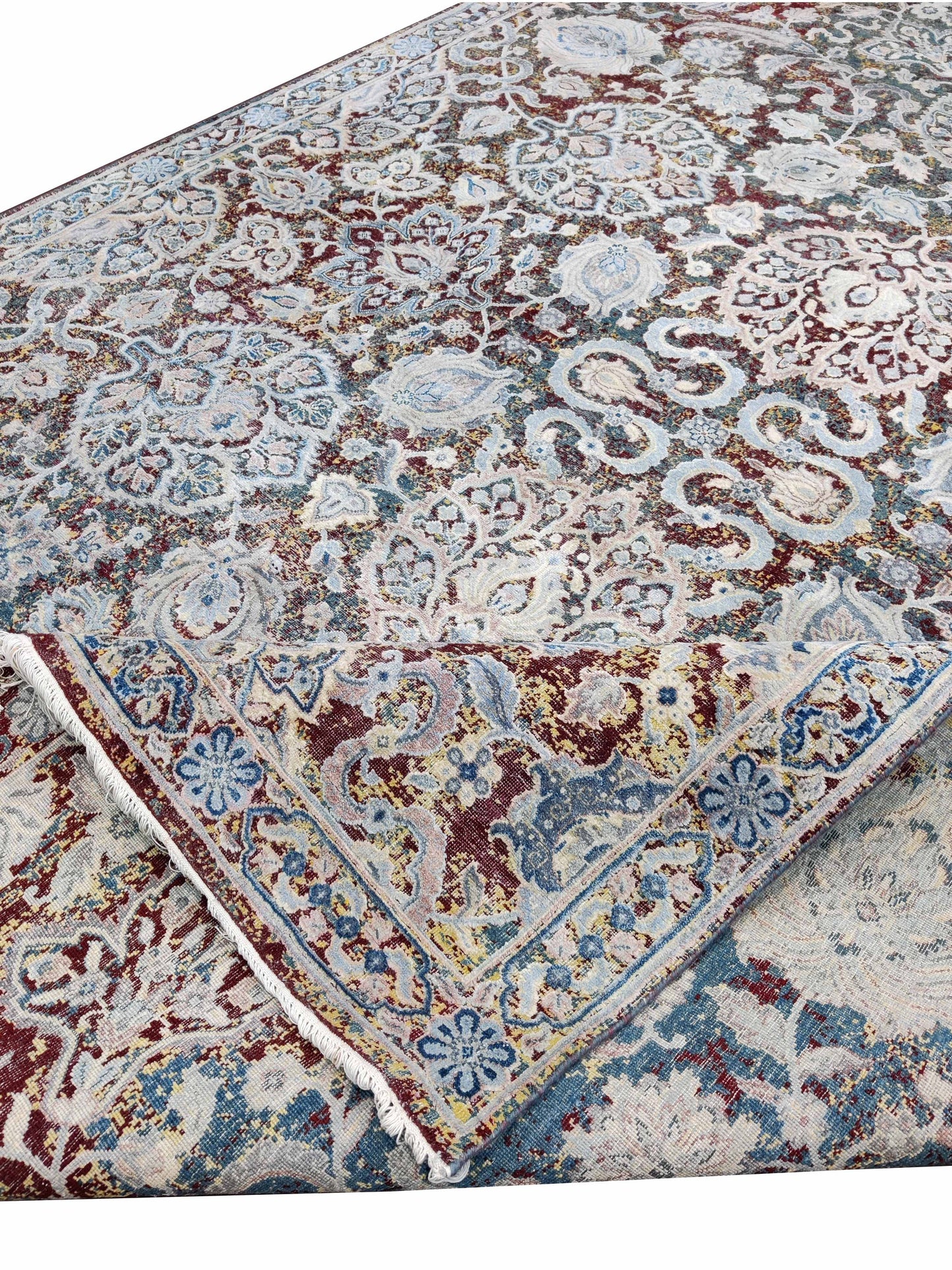 Blue Multy, Sari Silk and Wool Oxidized Traditional Handknotted 9.0x12.0Ft 275x365Cms Area Rug