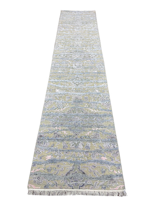L.Blue and Beige, Viscose and Wool Oxidized Transitional Handknotted 2.6x12.0Ft 76x366Cms Area Rug