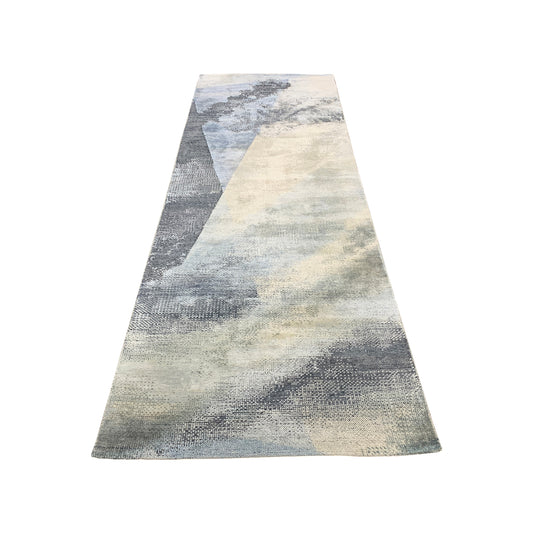 Grey, Blue and Ivory Silk and Wool Modern Textured Handknotted 2.1x10.1Ft 89x307Cms Runner Rug