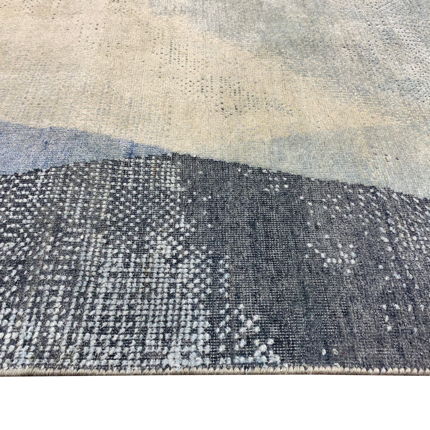 Grey, Blue and Ivory Silk and Wool Modern Textured Handknotted 2.1x10.1Ft 89x307Cms Runner Rug