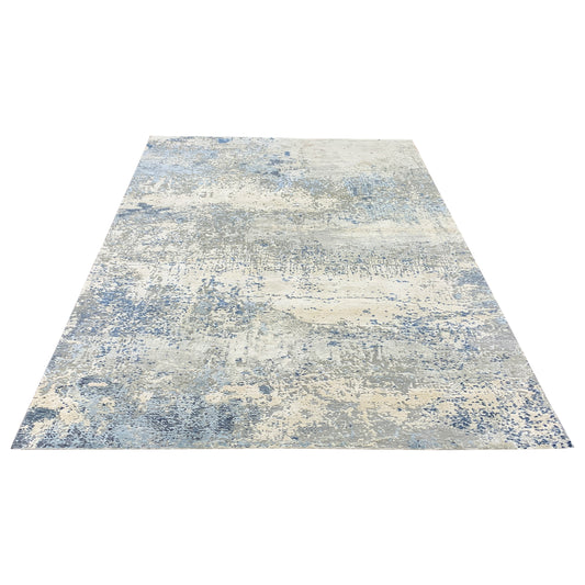Ivory Grey and Blue Silk and Wool Modern Textured Handknotted 5.11x8.10Ft 181x289Cms Area Rug