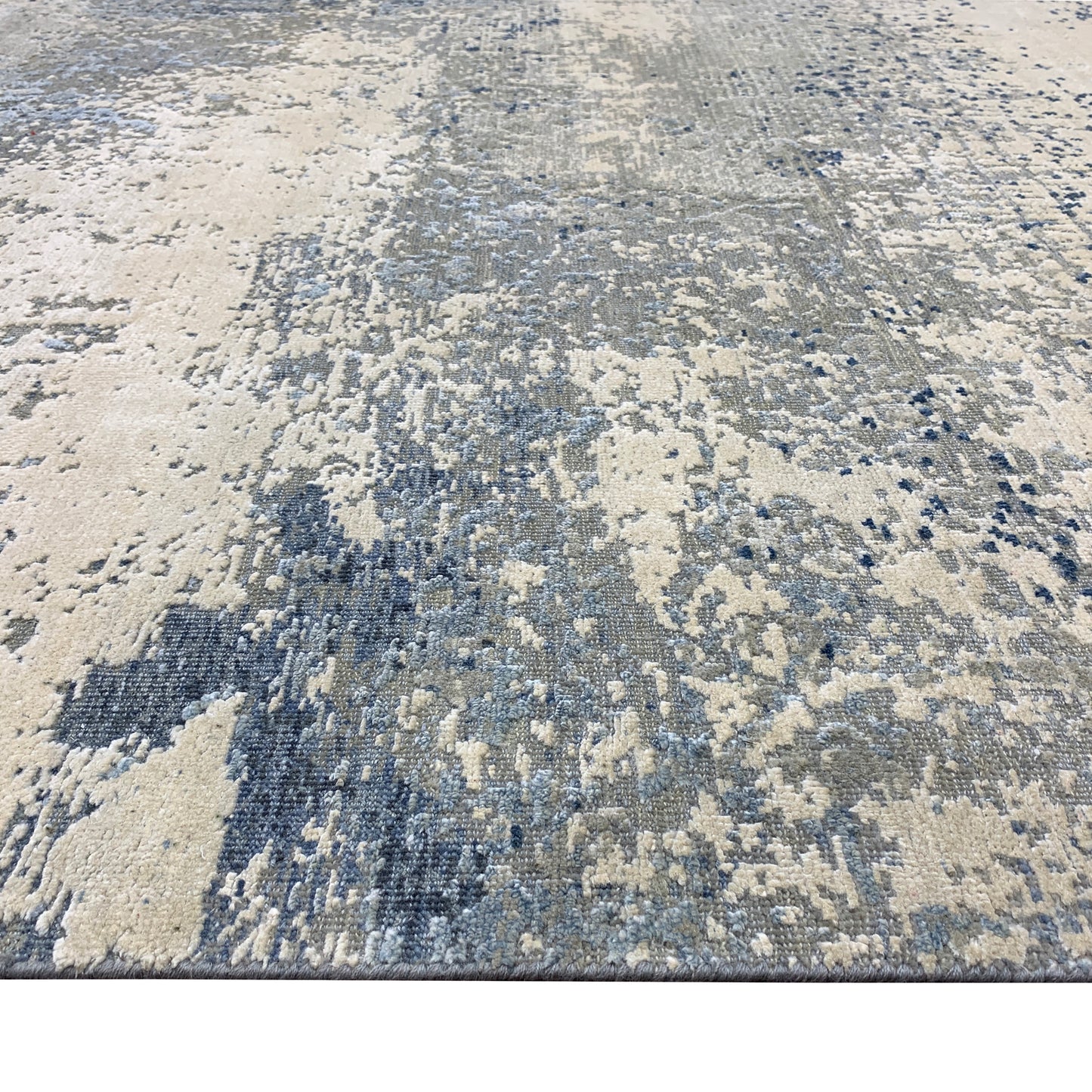 Ivory Grey and Blue Silk and Wool Modern Textured Handknotted 5.11x8.10Ft 181x289Cms Area Rug