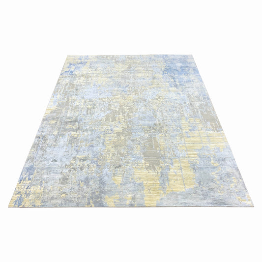 Beige, Grey and Blue Silk and Wool Modern Abstract Handknotted 9.0x12.1Ft 274x368Cms Area Rug
