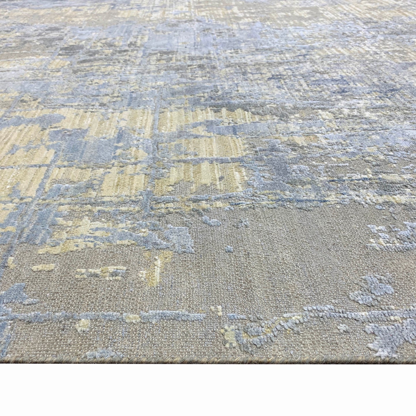 Beige, Grey and Blue Silk and Wool Modern Abstract Handknotted 9.0x12.1Ft 274x368Cms Area Rug