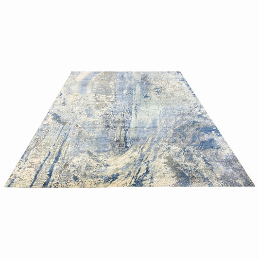 Grey and Ivory Silk and Wool Modern Textured Handknotted 7.11x10.4Ft 242x305Cms Area Rug