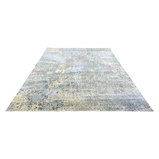 Grey, Blue and Beige Silk and Wool Modern Abstract Handknotted 8.10x12.0Ft 270x365Cms Area Rug