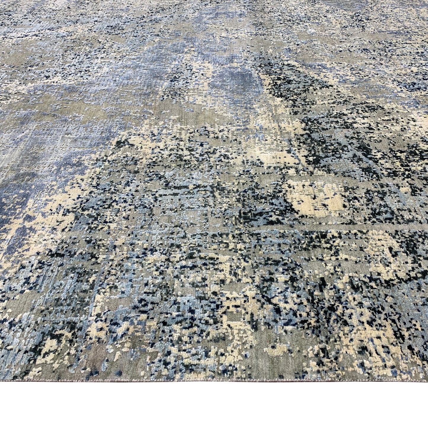 Grey, Blue and Beige Silk and Wool Modern Abstract Handknotted 8.10x12.0Ft 270x365Cms Area Rug