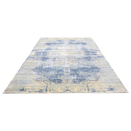 Beige and Blue Silk and Wool Modern Textured Handknotted 8.11x12.0Ft 270x366Cms Area Rug