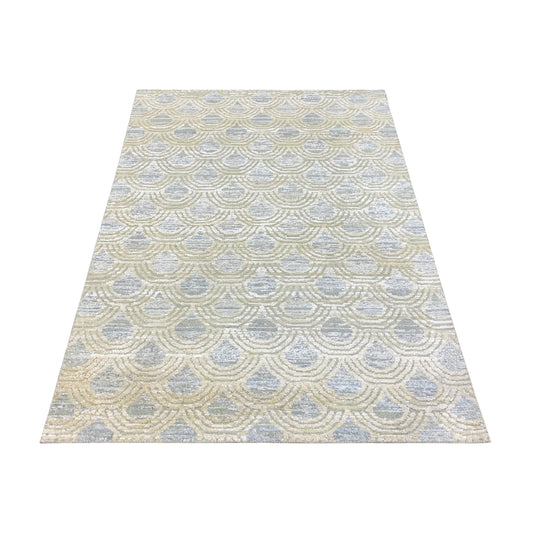 Beige and Blue Silk Wool Modern Pattern Handknotted 4.6x6.0Ft 120x180Cms Area Rug