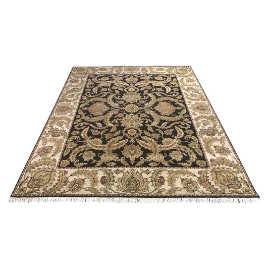 Black and Ivory Pure Wool Traditional Jaipur Handknotted 8.0x10.3Ft 244x311Cms Area Rug
