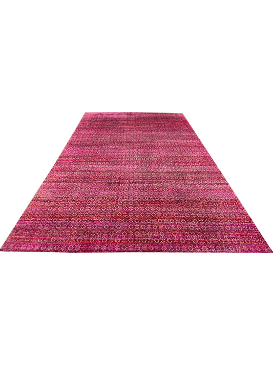 Pink and Red, Sari Silk and Wool Oxidized Modern Handknotted 8.0x10.0Ft 245x305Cms Area Rug
