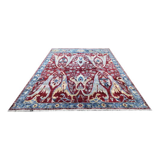 Red Blue, Pure Silk, Sari Silk Wool Transitional Handknotted 9.0X12.2Ft 273x370Cms Area Rug