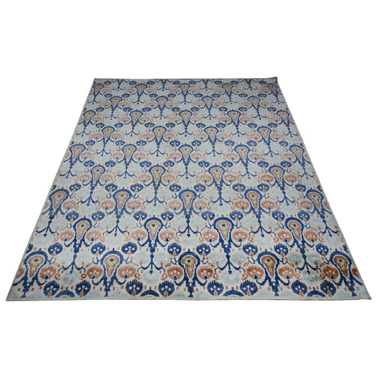 Allegra Ivory, Blue and Light Brown Transitional Ikat Pure Silk Handknotted 7.10x9.9Ft 239x296Cms Area Rug