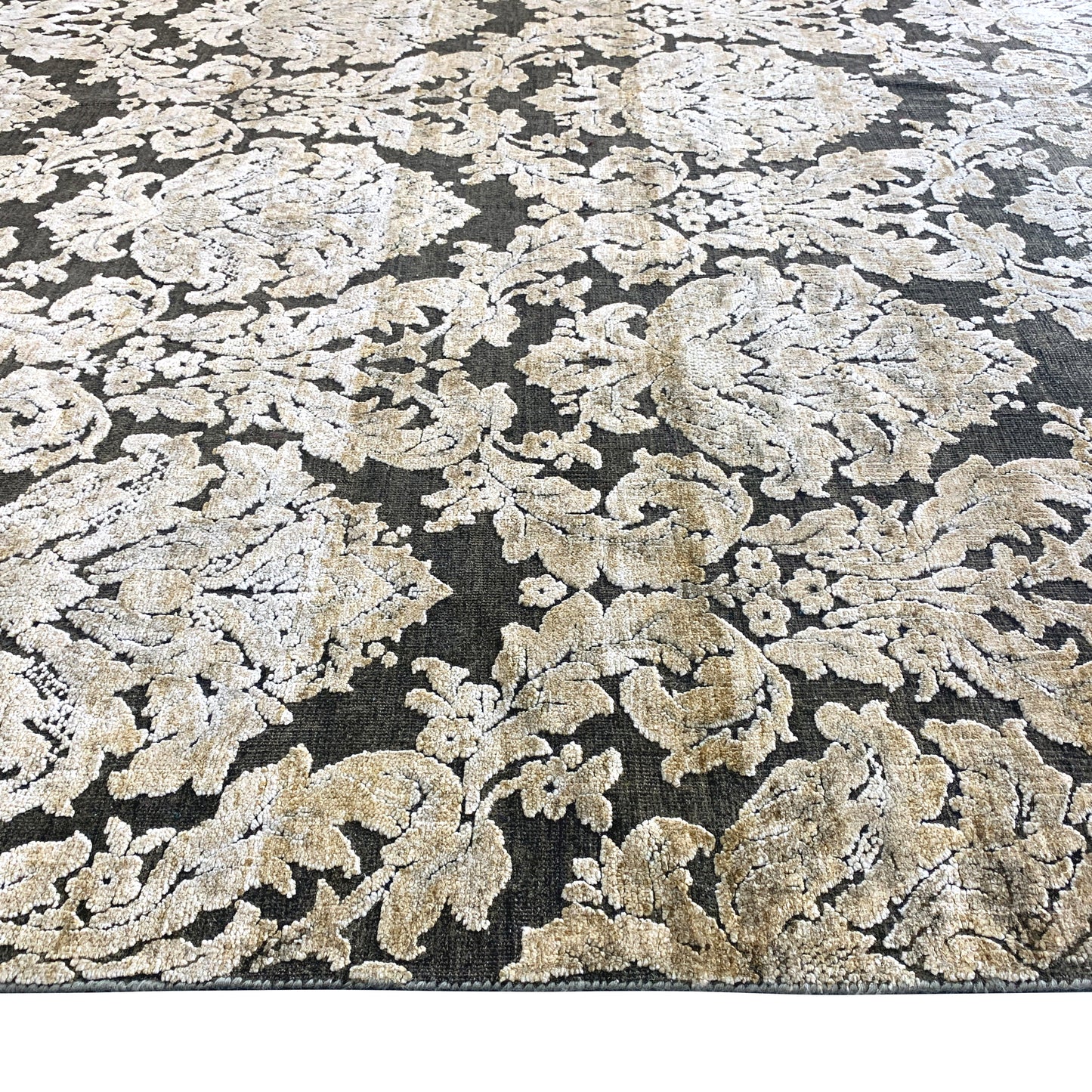 Grey and Gold, Silk and Wool Oxidized Assorted Transitional Handknotted 7.11x8.0Ft 243x245Cms Area Rug